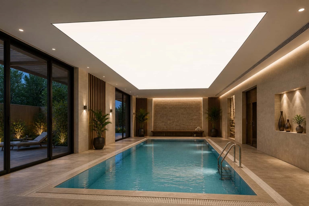 Backlit indoor pool stretch ceiling – seamless LED ceiling lighting for luxury swimming pool environments Backlit indoor pool stretch ceiling – seamless LED ceiling lighting for luxury swimming pool environments