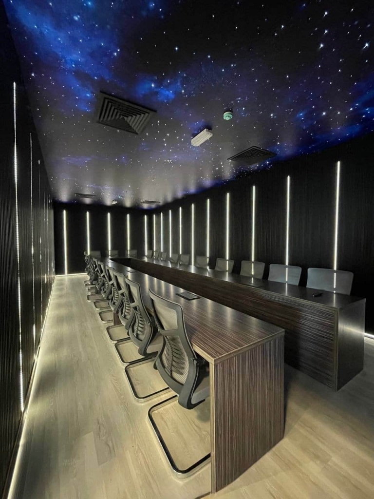 Custom Galaxy Ceiling designed for a premium gym meeting room with integrated fiber optic stars. Custom Galaxy Ceiling designed for a premium gym meeting room with integrated fiber optic stars.