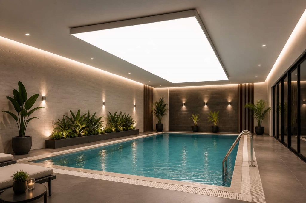 Indoor pool lighting in Dubai with integrated LED stretch ceiling system for luxury wellness and swimming pool interiors Indoor pool lighting in Dubai with integrated LED stretch ceiling system for luxury wellness and swimming pool interiors
