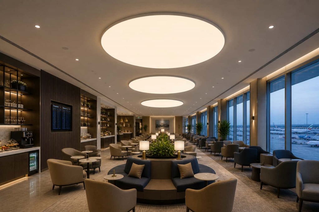 Airport lounge lighting in Dubai with integrated LED stretch ceiling system for luxury travel and hospitality interiors Airport lounge lighting in Dubai with integrated LED stretch ceiling system for luxury travel and hospitality interiors