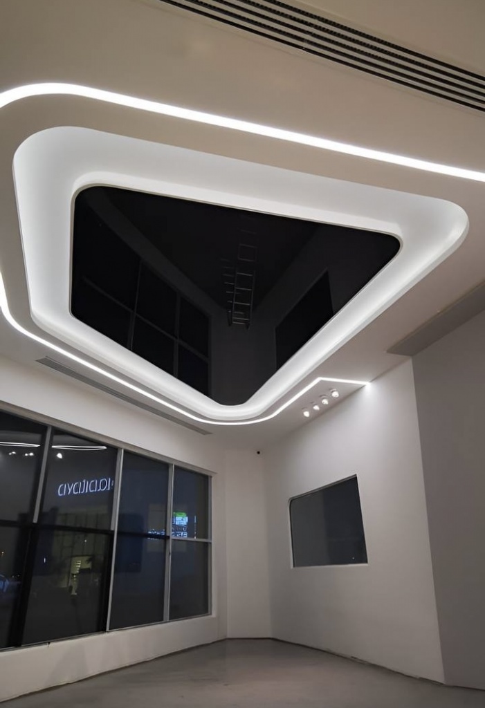 Modern mirror-gloss stretch ceiling with integrated architectural lighting creating a futuristic commercial interior atmosphere. Modern mirror-gloss stretch ceiling with integrated architectural lighting creating a futuristic commercial interior atmosphere.