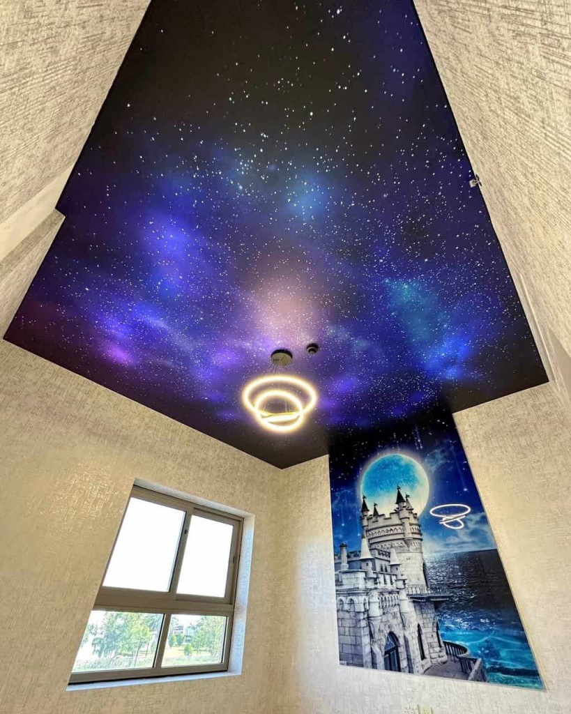 Custom Galaxy Ceiling featuring thousands of fiber optic stars and a premium printed night sky design. Custom Galaxy Ceiling featuring thousands of fiber optic stars and a premium printed night sky design.