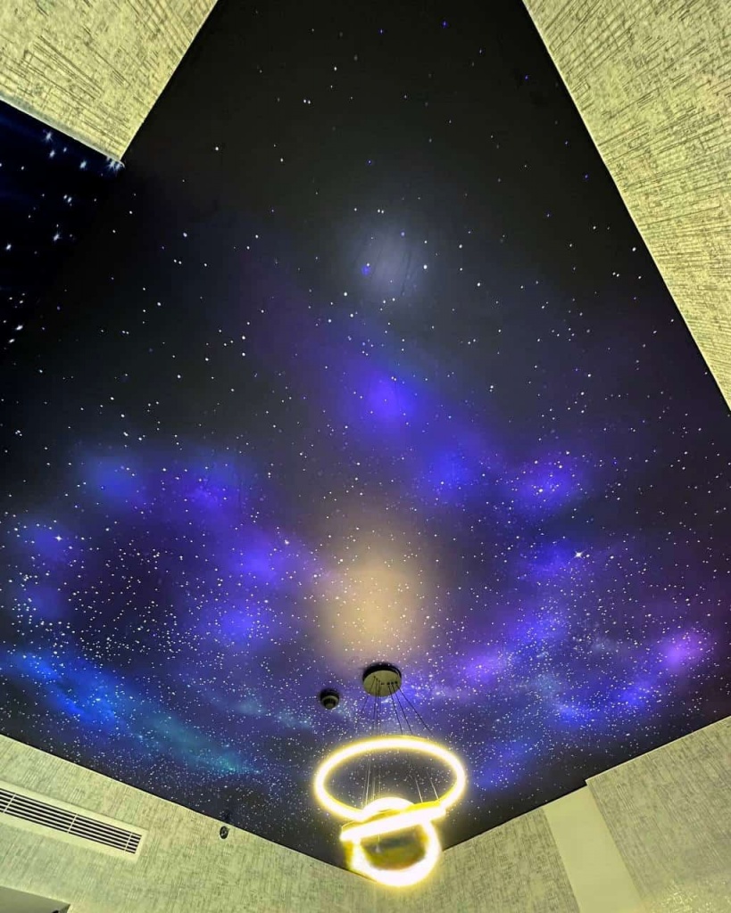 Printed Galaxy Ceiling with realistic nebula effect and fiber optic star lighting for a luxury residential interior. Printed Galaxy Ceiling with realistic nebula effect and fiber optic star lighting for a luxury residential interior.