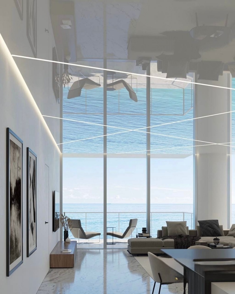 Integrated linear LED lighting installed within a mirror-like stretch ceiling. Integrated linear LED lighting installed within a mirror-like stretch ceiling.