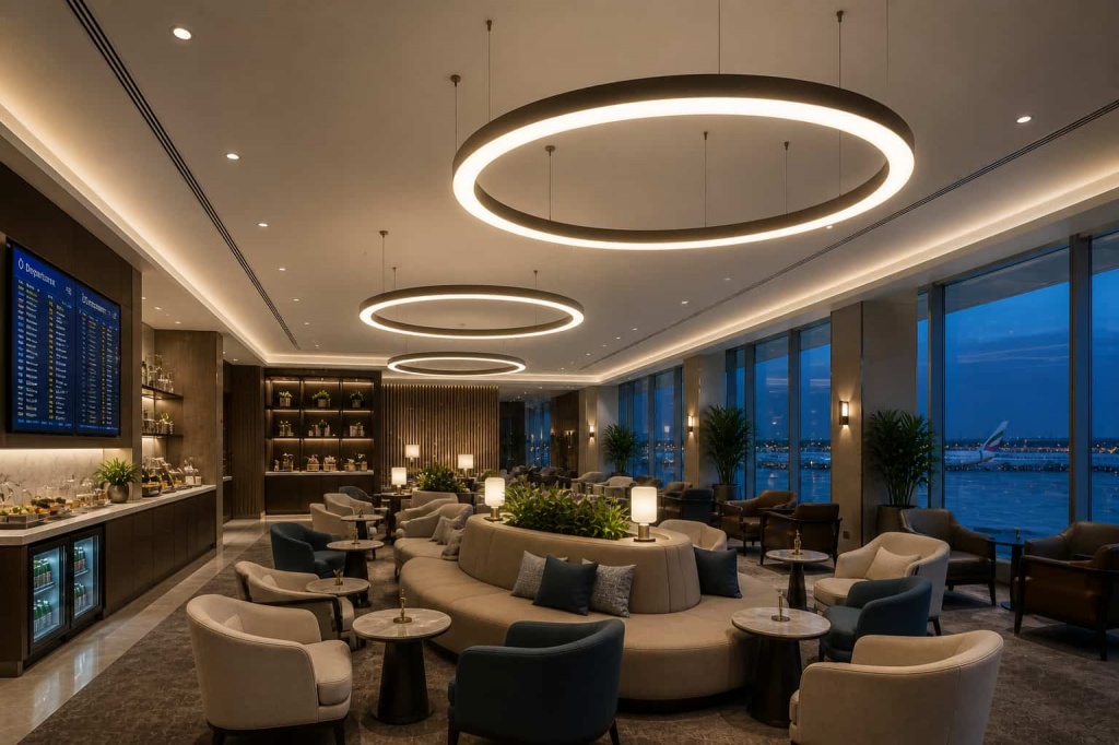 Backlit airport lounge stretch ceiling – seamless LED ceiling lighting for airline lounges and waiting areas Backlit airport lounge stretch ceiling – seamless LED ceiling lighting for airline lounges and waiting areas